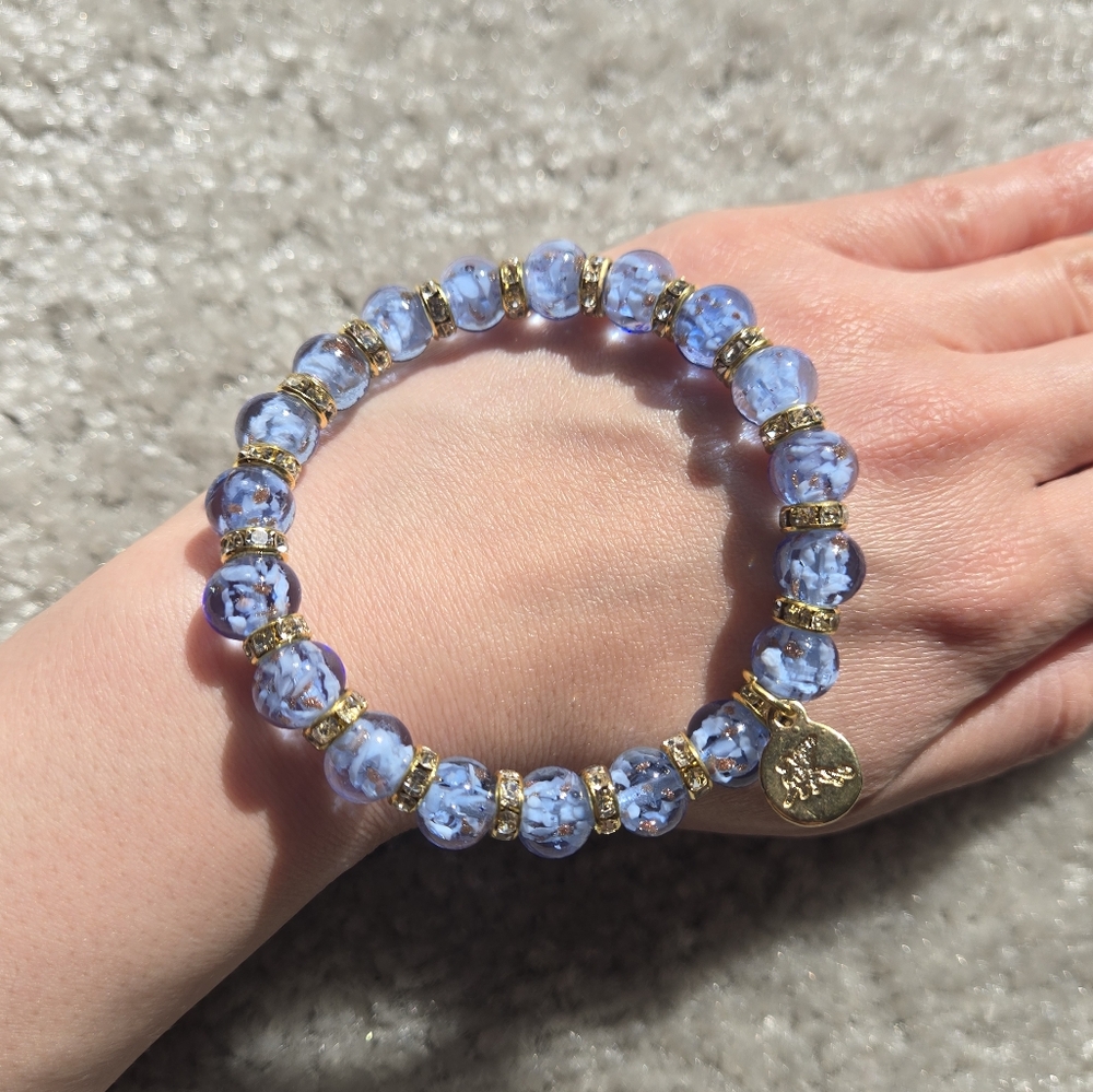 NEW Authentic Murano Glass Symphony Stretch Bracelet Blue In Gold Tone